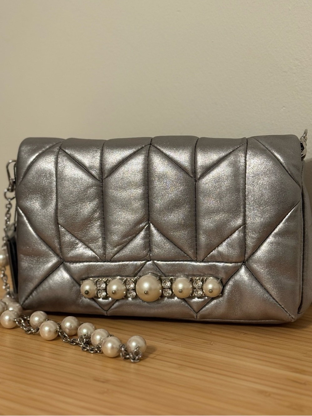 Miu Miu Metallic Silver Quilted Pearl Bag/clutch